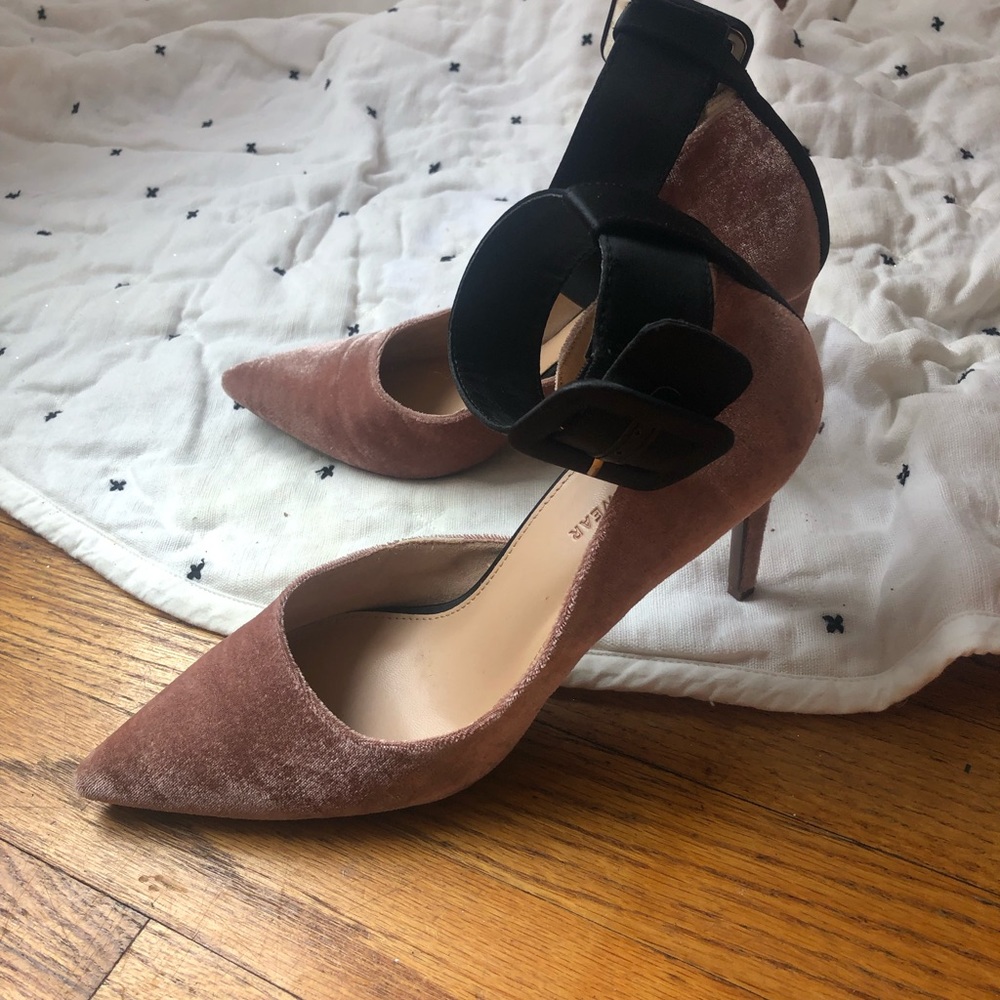Ballet-pink velvet ankle-strap pumps